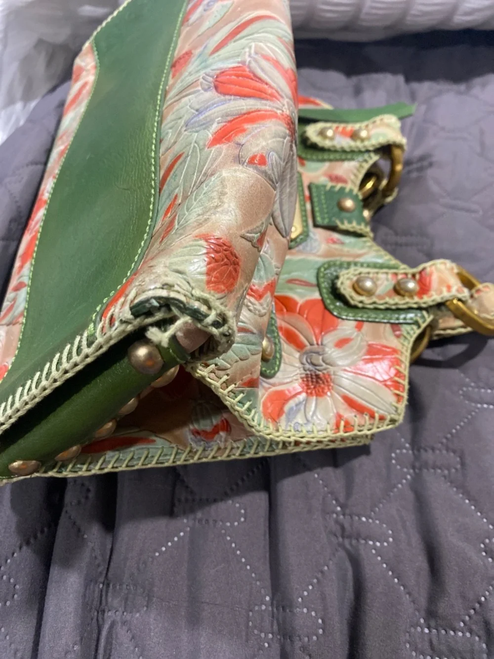 Isabella Fiore Floral Leather Whipstitch Satchel Bag Y2K